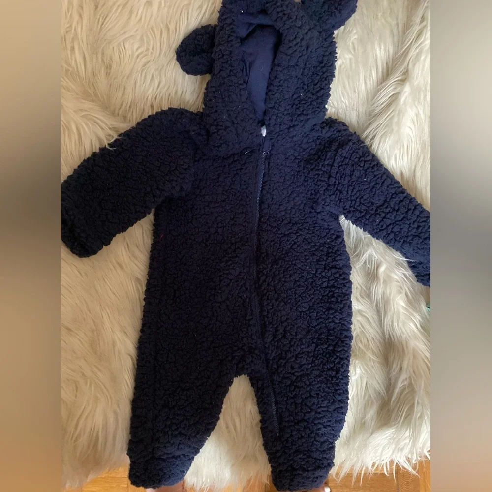 NWOT Cozy Baby Bear Sherpa fleece Bunting snowsuit - Navy Blue - Picture 1 of 3